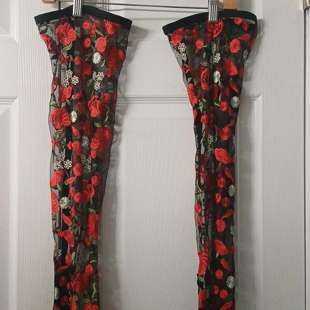 Design for Jacobies over the knee red black floral heeled boots  Sz 9 NWOT